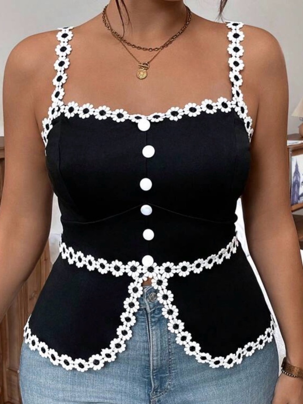 Peplum tank top with floral trim- adjustable straps